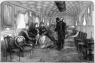 Russisk keiserlige tog brukt av hertugen og hertuginnen av Edinburgh i 1874: salongvognen. Gravering i "" Le Monde Illustré"" nr. 886 av 6. april 1874. av French School
