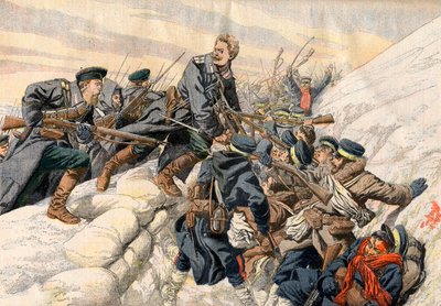 Russo-Japanese War - Fighting in the trenches at Port Arthur, Russo-Japanese War. The heroic death of Russian Lieutenant Alexander - In the trenches of Port Arthur. Heroic death of Russian Lieutenant Alexander. Illustration for Le petit Journal av French School