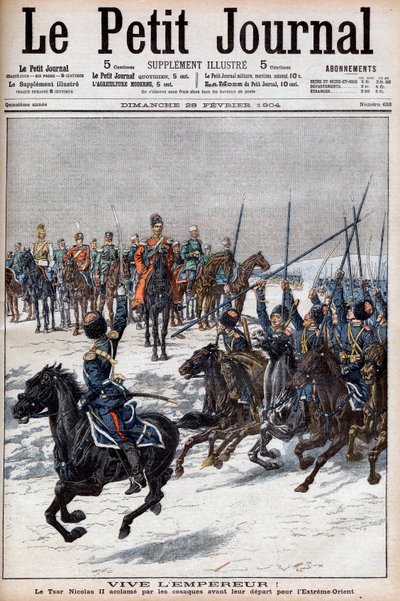 Russisk-japansk krig 1904-1905 - Kosakker som hyller tsar Nicholas II før de dro til Fjernøsten for å kjempe mot japanerne i "Le Petit Journal", 28. februar 1904 (gravering) av French School