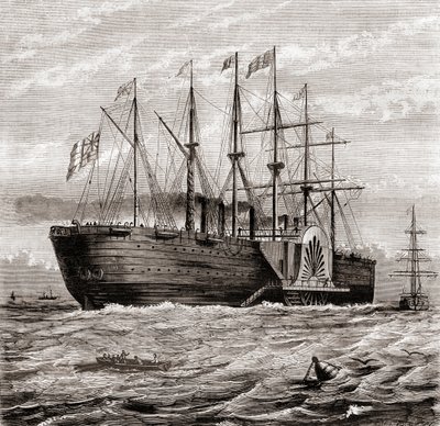 SS Great Eastern, jernseilende dampskip designet av Isambard Kingdom Brunel, fra Les Merveilles de la Science, publisert ca. 1870 (gravering) av French School