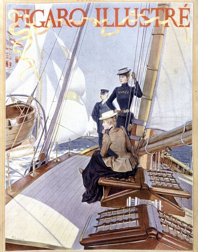 Seiling: kvinner på dekket av en båt - tegning i "" Figaro illustrert"" fra 1891, Arts Deco. av French School