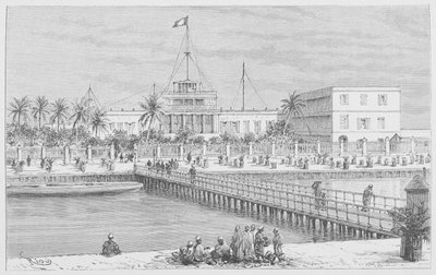 Saint-Louis, utsikt over N"Dar, Pont de Guet, illustrasjon fra "Le Senegal..." av Louis Leon Faidherbe, 1889 av French School