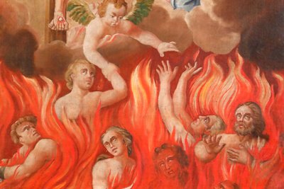 Saint-Nicolas de Veroce kirke. Siste dom: i helvete. En gruppe av de frelste. Maleri. Frankrike. av French School