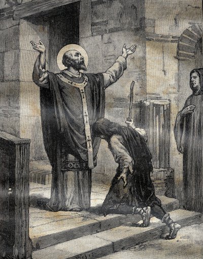 Saint Aubert (Saint-Aubert) eveque av Cambrai og Arras (633-667?), ønsket velkommen sin disippel og fortapte gudsønn, Landelin (613-) sønn av seigneuren til Vaulx og tilga ham hans tre år med feil. Gravering i "" Le Pelerin"" 16/12/1899 av French School