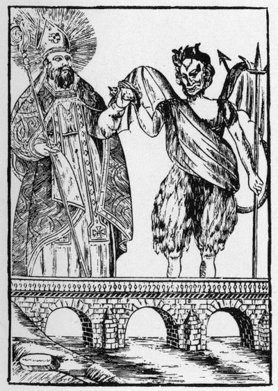 Saint Cado (eller Cadoc eller Catuod eller Catoc eller Cazut eller Cadochus) legendariske helgen Christian gir en katt til djevelen i bytte mot å bygge en bro - populære bilder Perret av French School