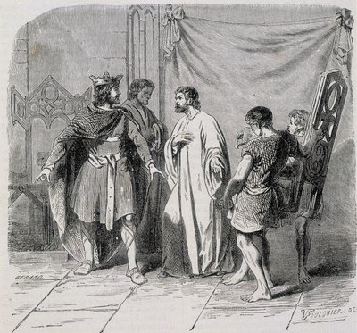 Saint Eloi og Dagobert: Dagobert ble overrasket da Eloi introduserte ham den andre lenestolen - grav. 1800-tallet av French School