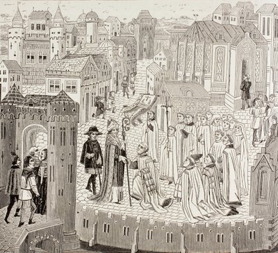 Saint Gaugericus, biskop av Cambrai, ankommer byen for sin utnevnelse, fra 