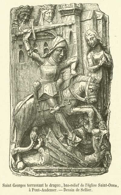 Saint George som dreper dragen, basrelieff av Saint-Ouen-kirken, i Pont-Audemer (gravering) av French School