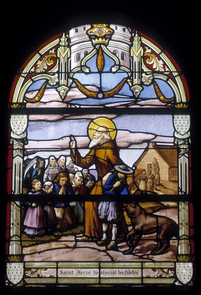 Saint Hervé velsigner de trofaste - glassmalerier i St Germain-kirken i Kerlaz av French School
