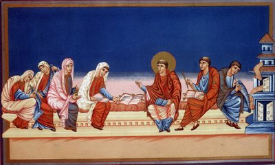 Den hellige Hieronymus forklarer evangeliet til Eustochia og Paule, 900-tallet. av French School