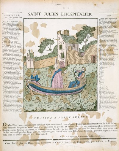 Saint Julian the Hospitaller som ror reisende over en elv, illustrasjon fra LImagerie Populaire av P.L. Duchartre og R. Saulmer av French School