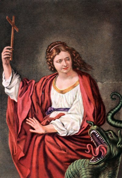 Saint Margherita og dragen, fra et 'sett med religiøse pedagogiske postkort', ca. 1950 (farge litho) av French School