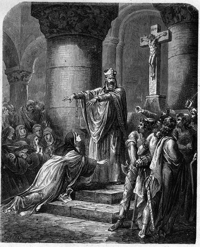 Saint Medard of Noyon (død 560) tilbyr religiøse klær til Saint Radegonde (ca. 520-587) kone til kong Clothaire. av French School
