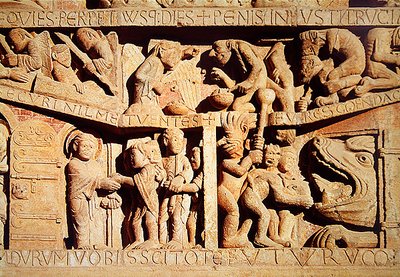 Sankt Peter mottar de velsignede til himmelen og det fordømte fall i helvetes kjever, detalj fra den siste dommen på Vestportalen Tympanum, ca. 1135 av French School