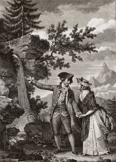 Saint Preux og Julie-gravering fra 1793 for "Julie ou la nouvelle Heloise" av den sveitsiske filosofen Jean Jacques (Jean-Jacques) Rousseau (1712-1778) - Julie og Saint-Preux, illustrasjon fra 'La Nouvelle Heloise' av Jean-Jacques Roussea av French School