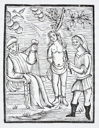 Saint Reine blir torturert, huden hennes revet av jernkammer, på kommando av Olibre, for å nekte å fornekte hennes tro av French School