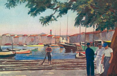 Saint Tropez: Havnen (fargelitografi) av French School