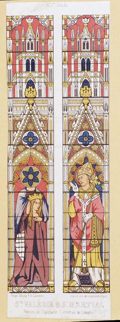 Saint Valerie, jomfru og martyr i Limoges (3. århundre) og Saint Martial, eveque of Limoges (3. århundre), beskyttere av Aquitaine. Fac-lignelse som gjengir glassmaleriene til Cathedrale de Limoges. av French School