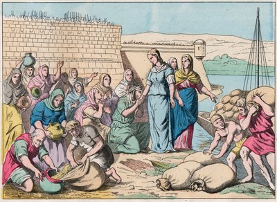 Sainte Genevieve distributes food to the people during the siege of Paris by the army of the Huns of Attila in 451 (barbarian invasions) - Sainte Genevieve and the people of Paris - Engraving of the end of the 19th century in “Nos Gires Nationales - Images av French School