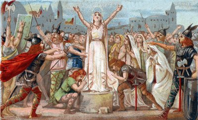 Sainte Genevieve, organized the defense of Paris against the Huns hordes of Attila and reassured the people of Paris in 451. Chromolithography of the late 19th century. av French School