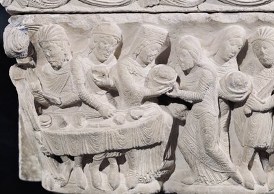 Salome presenterer hodet til døperen Johannes ved Herodes-festen, detalj fra et relieff på en kapital (stein) (detalj av 86203) av French School