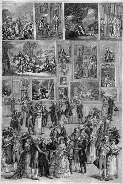 Salon de 1787: utsikt over Salon Carre ved Louvre under maleriutstillingen i Paris. Gravering av Martini i "" The Picturesque Store"" av French School
