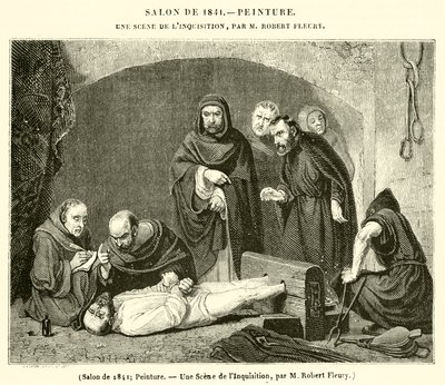 Salong fra 1841, maleri, en scene fra inkvisisjonen (gravering) av French School