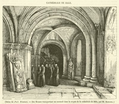 Salongen fra 1843, maleri, munker som bærer en kiste inn i krypten i Basel-katedralen (gravering) av French School