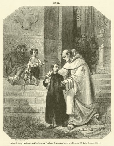 Salong fra 1849, maleri, en scene fra Glucks barndom (gravering) av French School