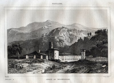 Santa Maria di Vallombrosa benediktinerkloster som ligger i Reggello kommune i Toscana - Vallombrosa kloster - Gravering fra "" Italy Picturesque"" - Historisk og beskrivende maleri av Italia"" av M. de Norvins, Ch. Nodier 1834-1836. av French School