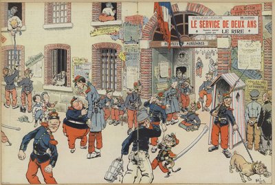 Satire over innføringen av verneplikten i den franske hæren. Illustrasjon for Le Rire (farge litho) av French School