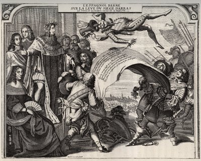 Satirisk allegori om fremveksten av beleiringen av Arras i 1654 etter kroningen av Ludvig XIV (1638-1715). Nede til venstre er dronning Anne av Østerrike (1601-1666). Stående ved siden av Ludvig XIV, og til venstre for kongen, kardinal Jules Mazarin (1602- av French School