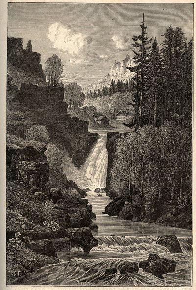 Saut du Doubs (fossfall) Franche-Comte - gravering i "" PATRIE"" - PECTURESSE BESKRIVELSE AV FRANKRIKE I 6 BIND AV LUCIEN HUARD - slutten av 1800-tallet av French School