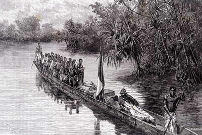 Savorgnan av Brazza i en kano i pandanus i Vest-Afrika - i "" Tour du Monde"", 2. uke 1887 av French School