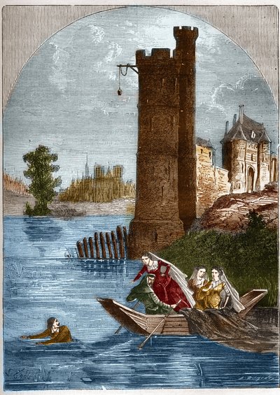 Skandale (affære) av tårnet i Nesle: Buridan klarte å rømme fra tårnet i Nesle i Paris i 1314 til tross for bakholdet satt av dronning Marguerite av Burgund (1290-1315). Gravering i "Histoire de la prostitution et de la debauche dans les peuples du g av French School