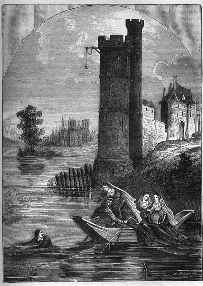 Skandale (affære) av tårnet i Nesle: Jean Buridan klarte å rømme fra tårnet i Nesle i 1314 til tross for bakholdet satt av dronning Marguerite av Burgund (1290-1315). Gravering i «Histoire de la prostitution et de la debauche dans les peuples du globe av French School