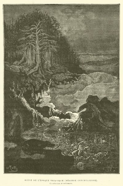 Scene fra triasperioden (konkyliansk periode) (gravering) av French School