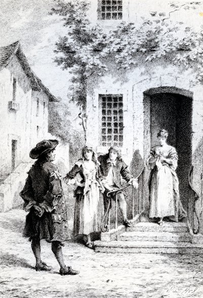 Scene fra The School for Wives, av Moliere av French School