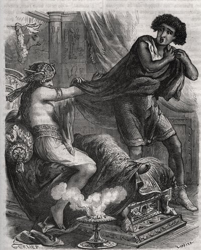 Scene fra Bibelen: "" Hun grep den for dydige unge mannen i tunikaen hans""". Kona til Putifar (Potifar) prøver å forføre Josef, en slave av farao. Gravering fra 1871 i «Histoire Des Cocus Celebres»» av Henry de Kock (1819-1892). av French School