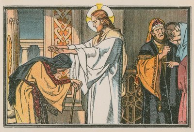 Scene fra Jesu liv (farget gravering) av French School