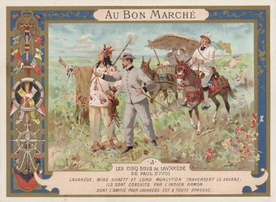 Scene fra romanen Les Cinq Sous de Lavarede, av Paul Ivoi (chromolitho) av French School