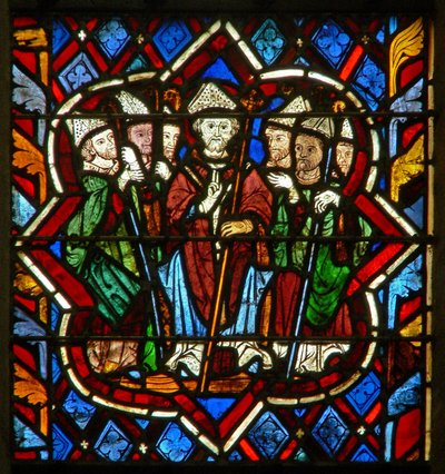 Scene i E-vinduet som viser St Magliore, en biskop av Dol av French School