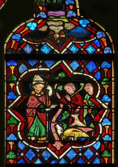 Scene i E-vinduet som viser St. Samson forandrer griser til geiter av French School