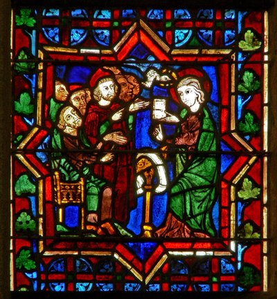 Scene i E-vinduet som viser en scene fra St. Catherines liv: med filosofene av French School