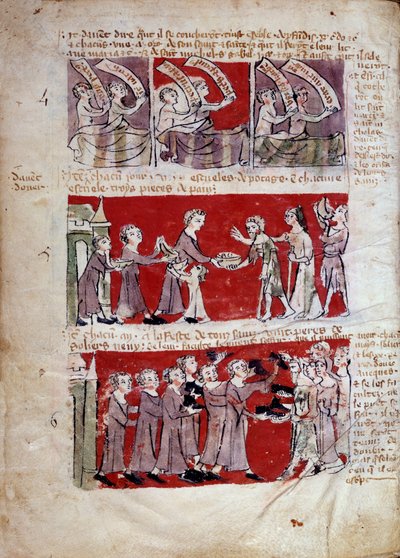 Scene for studentlivet ved Hubant College eller Ave Maria i Paris Scener av studentlivet og høgskoleforskrifter. Strips 4 til 6. Manuskriptside “” Livre des statutes du College de Hubant ou de l