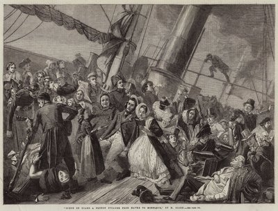 Scene om bord på en fransk dampbåt fra Havre til Honfleur (gravering) av French School
