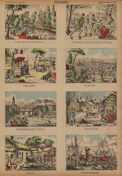 Scener og landskap (farget gravering) av French School