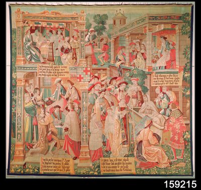 Scener fra livet til St. Remigius (d.533) biskop av Reims: The Miracle of the Rich Mans Testament and the Resurrection of a Dead Man, 1531 av French School