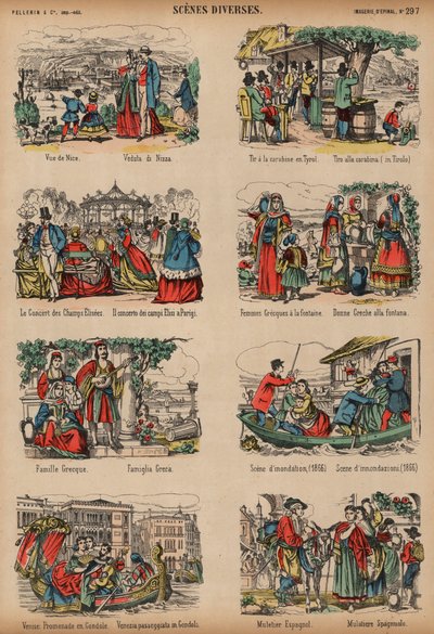 Scener fra forskjellige europeiske steder (farget gravering) av French School