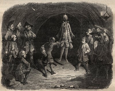 Tyveskole skapt av briganden Louis Dominique Garthausen dit Cartridge (1693-1721) i en karriere i Paris: en modell hengt fra taket hvis lommer skulle tømmes uten å bevege seg, ettersom han mottok et regn av skudd - Tyveskolen av French School